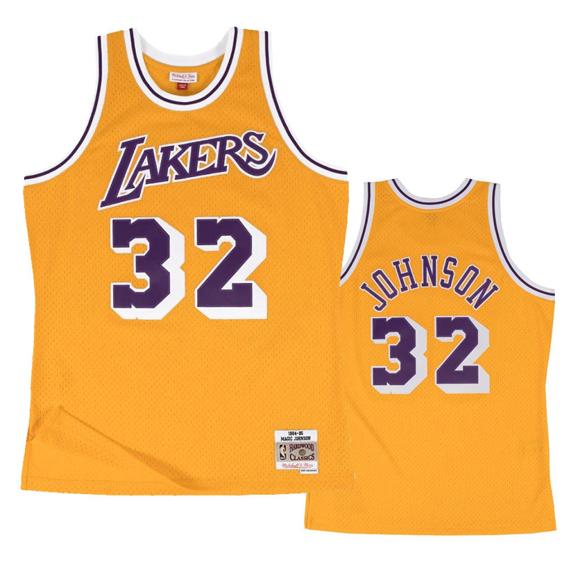 Men's Los Angeles Lakers Magic Johnson Mitchell & Ness Purple/Black 1984/85  Hardwood Classics Fadeaway