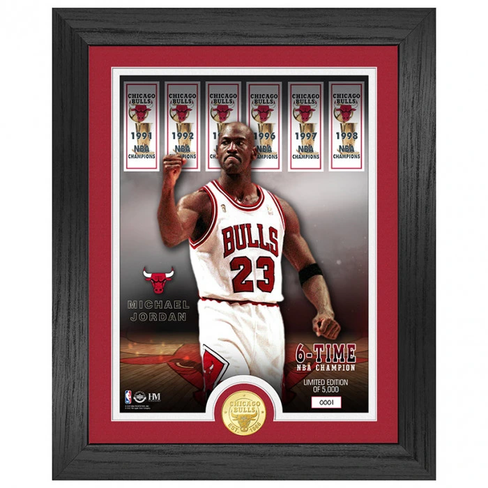 Michael Jordan 23 Chicago Bulls 6 Time NBA Champ Banners Bronze Coin Photo Mint gerahmtes Bild mit geprägter Bronzemünze